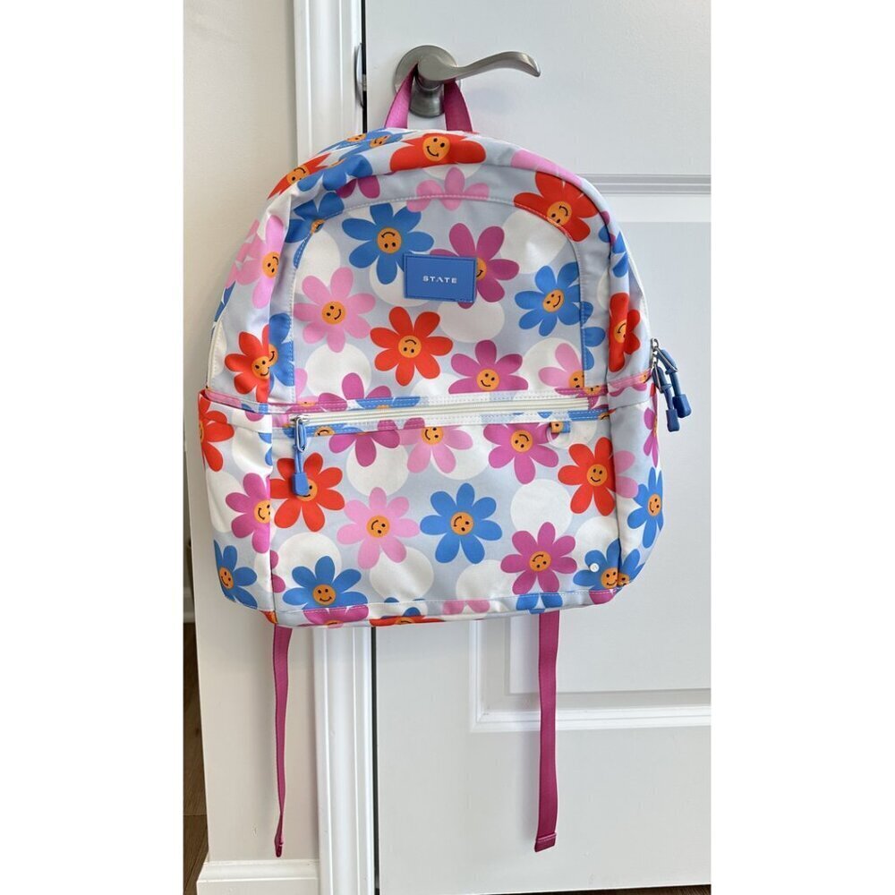 STATE Kids Backpack - White with Blue Pink Red Floral Smiley Print - Picture 2 of 10